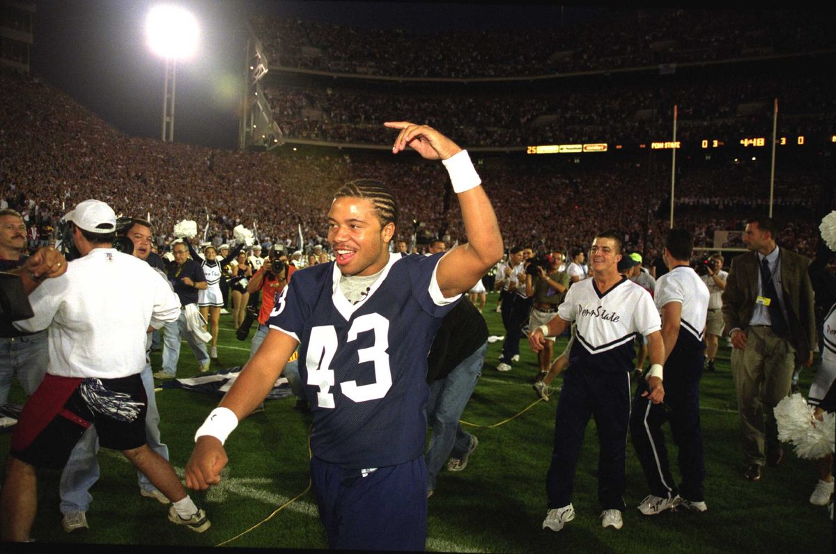 Adam Taliaferro, No. 43, walking back onto the field at Beaver Stadium