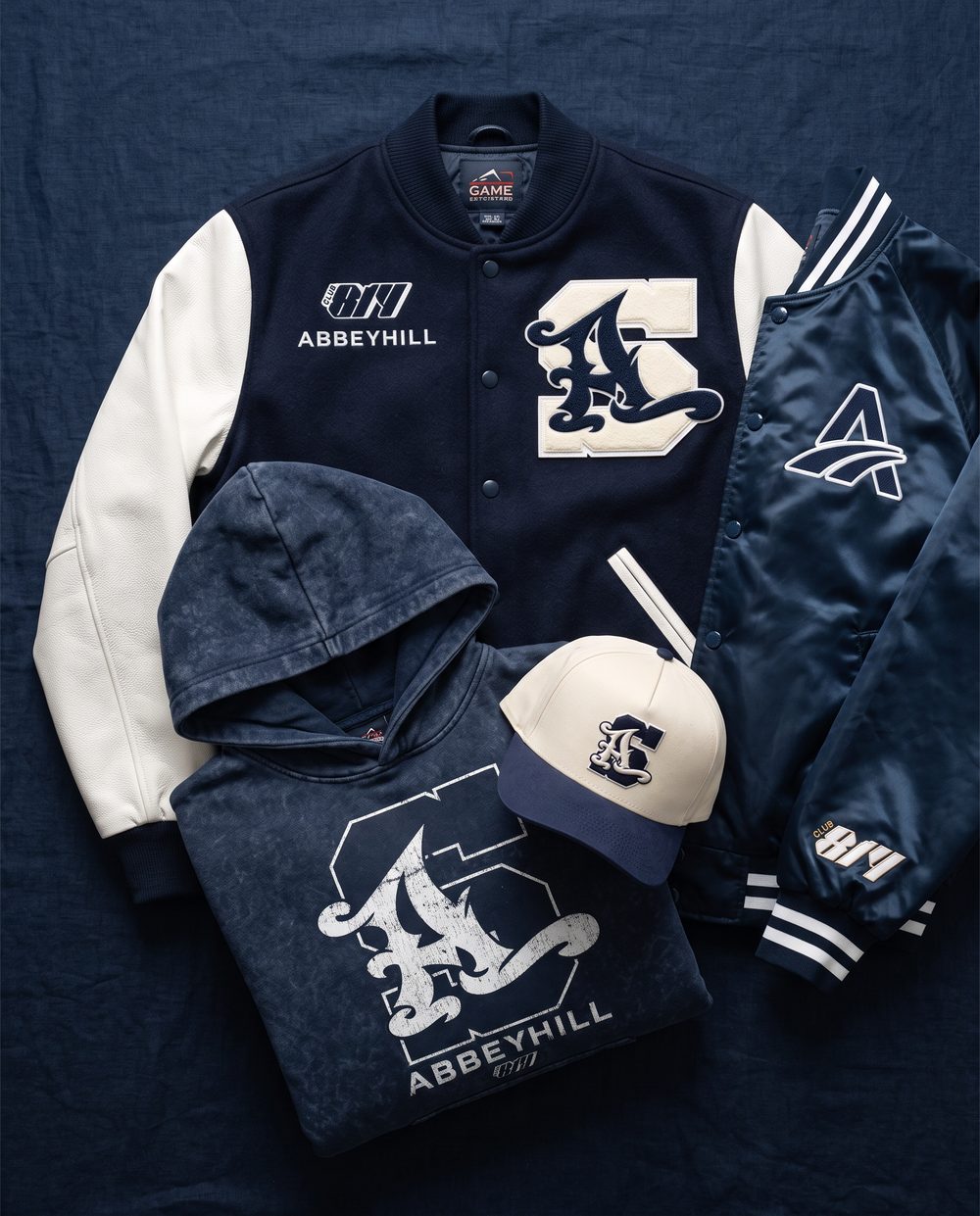 The Allen Robinson x Abbey Hill Road capsule: letterman jacket, nylon jacket, hoodie and hat